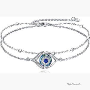 Sterling Silver Adjustable Charm Bracelet with Evil Eye Protection Symbol